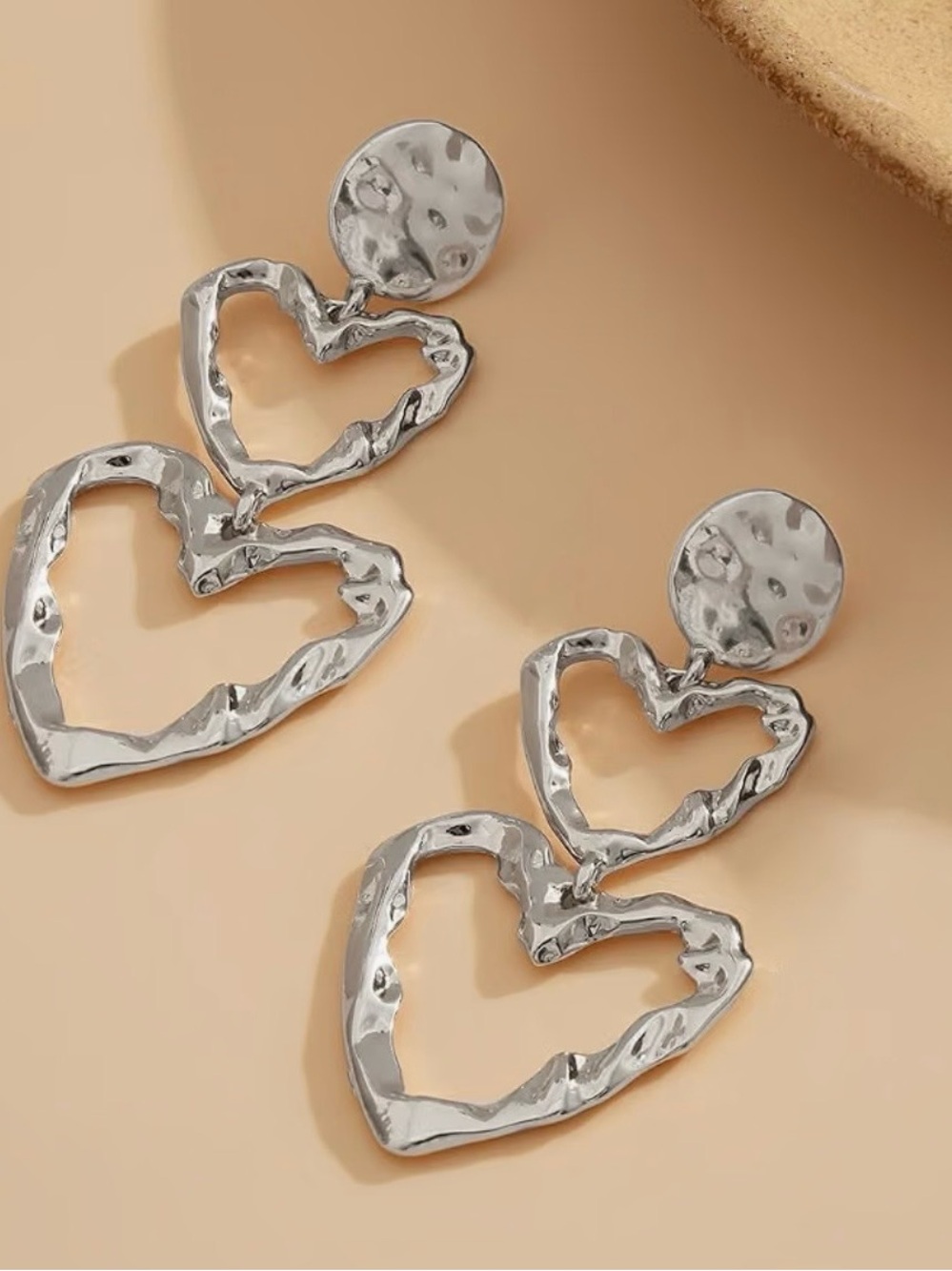 Silver Double Heart Dangle Earrings
